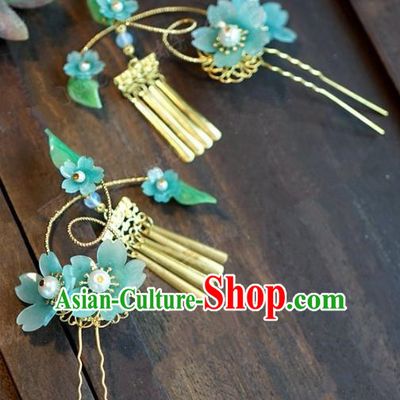 Chinese Handmade Ancient Hair Accessories Princess Blue Flowers Tassel Hairpins for Women