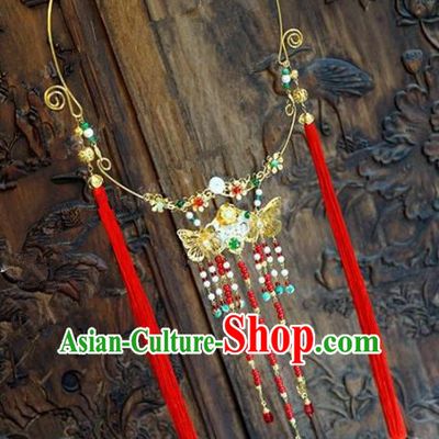 Chinese Handmade Jewelry Accessories Ancient Palace Lady Hanfu Red Tassel Butterfly Necklace for Women