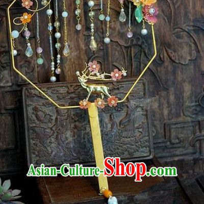Top Grade Chinese Handmade Palace Fans Ancient Hanfu Deer Round Fans for Women