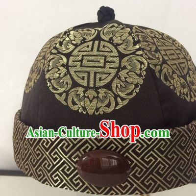 Chinese Traditional Handmade Silk Brocade Qing Dynasty Princess Jade Hat for Men