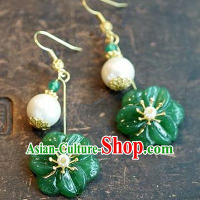 Chinese Handmade Jewelry Accessories Ancient Bride Hanfu Jade Flower Earrings for Women
