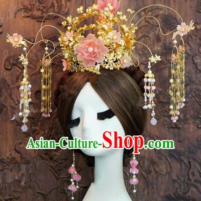 Chinese Handmade Ancient Pink Peony Phoenix Coronet Wedding Hair Accessories Hairpins Complete Set for Women