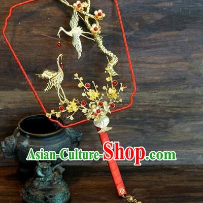 Top Grade Chinese Handmade Palace Fans Ancient Plum Blossom Cranes Round Fans for Women