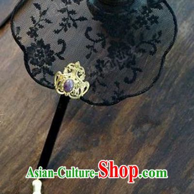 Top Grade Chinese Handmade Black Lace Palace Fans Ancient Wedding Round Fans for Women