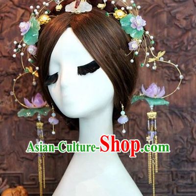 Chinese Handmade Ancient Lotus Phoenix Coronet Wedding Hair Accessories Hairpins Complete Set for Women
