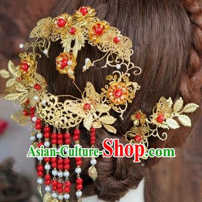 Chinese Handmade Wedding Hair Accessories Ancient Bride Red Beads Tassel Hairpins Complete Set for Women