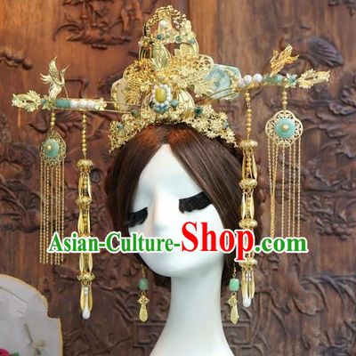 Chinese Handmade Wedding Hair Accessories Ancient Queen Jade Phoenix Coronet Tassel Hairpins Complete Set for Women