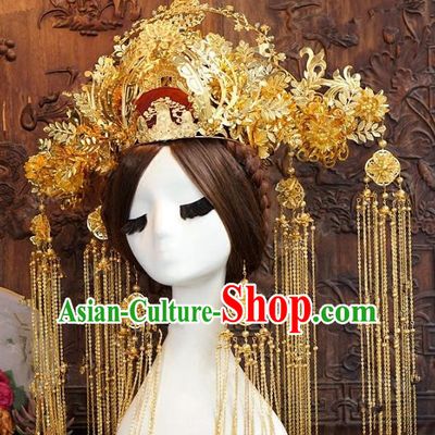 Chinese Handmade Wedding Hair Accessories Ancient Queen Golden Phoenix Coronet Tassel Hairpins Complete Set for Women
