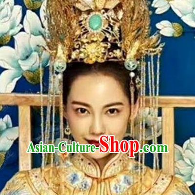 Chinese Handmade Wedding Golden Phoenix Coronet Hair Accessories Ancient Bride Hairpins Complete Set for Women