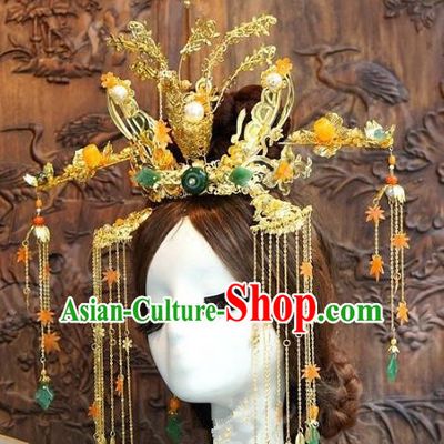 Chinese Handmade Wedding Golden Phoenix Coronet Hair Accessories Ancient Tassel Hairpins Complete Set for Women