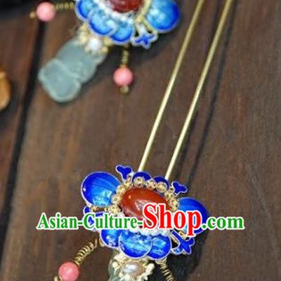 Chinese Handmade Ancient Hair Accessories Ancient Hanfu Blueing Lotus Hair Clip Agate Hairpins for Women