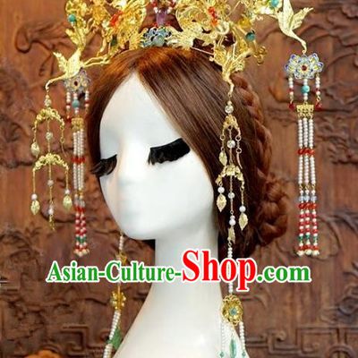 Chinese Handmade Wedding Hair Accessories Ancient Crane Phoenix Coronet Hairpins Complete Set for Women