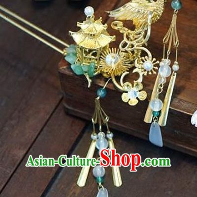 Chinese Handmade Ancient Hair Accessories Ancient Hanfu Crane Tassel Hairpins for Women