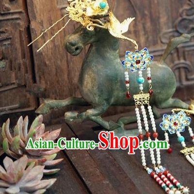 Chinese Handmade Ancient Hair Accessories Ancient Hanfu Cloisonne Lotus Tassel Hairpins for Women