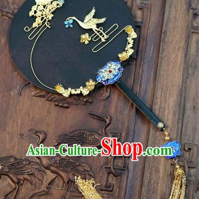 Top Grade Chinese Handmade Palace Fans Ancient Wedding Carving Crane Moon Round Fans for Women