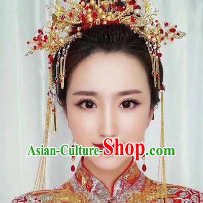 Chinese Ancient Handmade Xiuhe Suit Golden Phoenix Coronet Hairpins Hair Accessories for Women