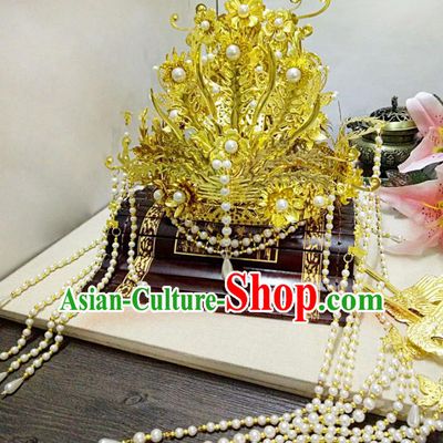 Chinese Ancient Handmade Golden Phoenix Coronet Hairpins Queen Hair Accessories Step Shake Complete Set for Women