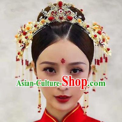 Chinese Ancient Handmade Phoenix Coronet Bride Tassel Hairpins Hair Accessories Complete Set for Women