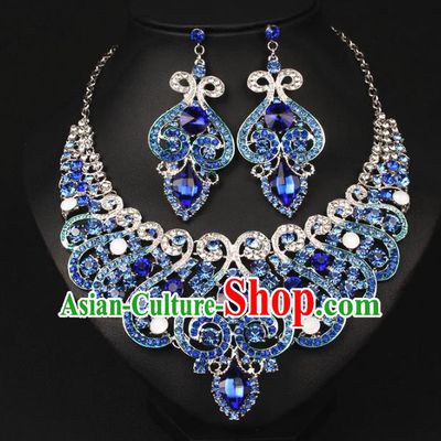 Top Grade Handmade Jewelry Accessories Bride Blue Crystal Necklace and Earrings for Women