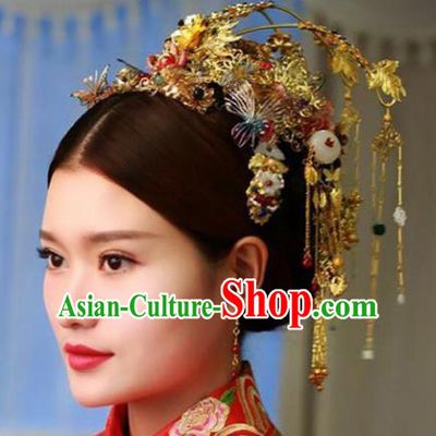 Chinese Ancient Handmade Bride Phoenix Coronet Hairpins Hair Accessories Complete Set for Women