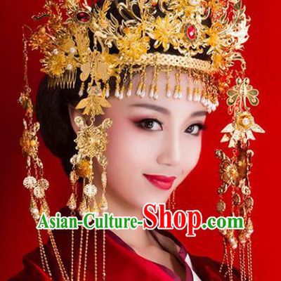 Chinese Ancient Handmade Hairpins Bride Golden Tassel Phoenix Coronet Hair Accessories Complete Set for Women