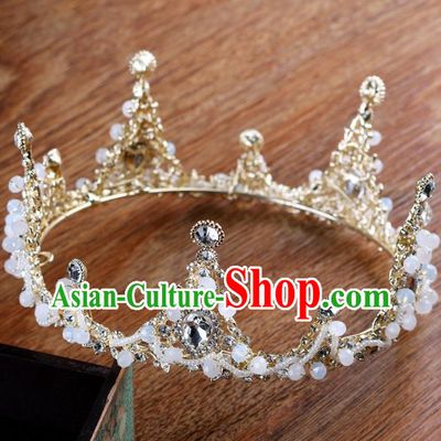 Handmade Baroque Queen Crystal Beads Round Royal Crown Wedding Bride Hair Jewelry Accessories for Women