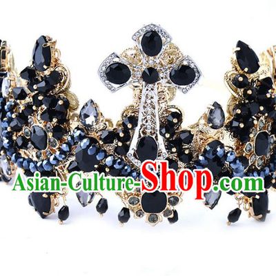 Handmade Baroque Bride Baroque Black Royal Crown Wedding Queen Hair Jewelry Accessories for Women
