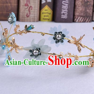 Handmade Baroque Bride Blue Flowers Dragonfly Hair Clasp Wedding Hair Jewelry Accessories for Women