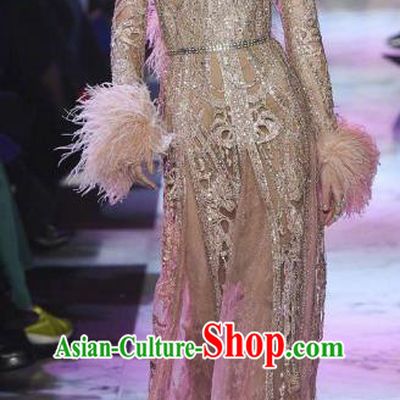 Top Grade Catwalks Costume Stage Performance Model Show Pink Feather Dress for Women