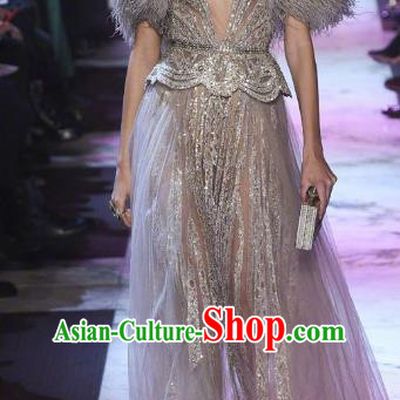 Top Grade Catwalks Costume Stage Performance Model Show Grey Feather Dress for Women