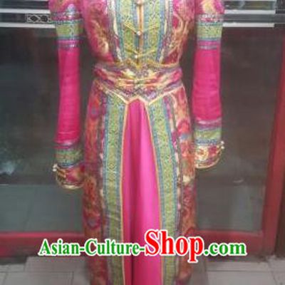 Chinese Traditional Folk Dance Costume Mongol Nationality Rosy Dress for Women