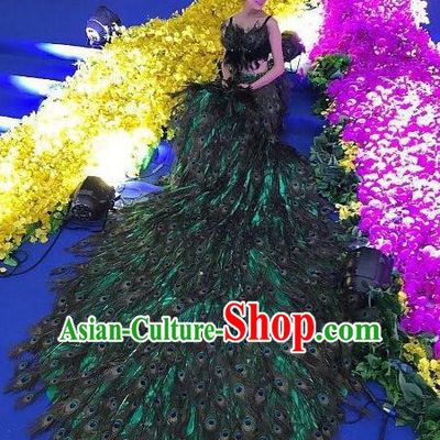 Top Grade Catwalks Costume Stage Performance Model Show Peacock Feather Dress for Women