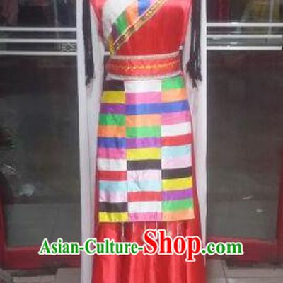 Chinese Traditional Tibetan Folk Dance Costume China Zang Nationality Red Dress for Women