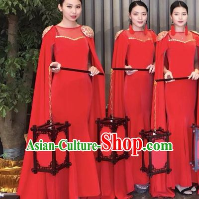 Top Grade Catwalks Costume Chinese Stage Performance Model Show Red Dress for Women