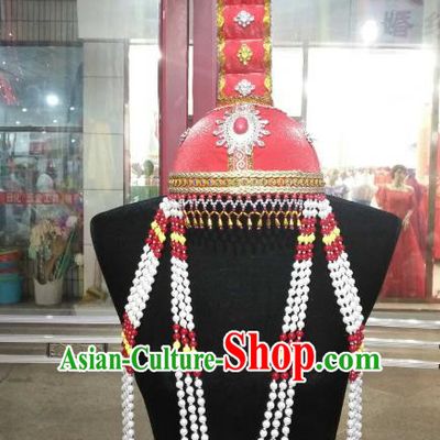 Chinese Traditional Mongolian Folk Dance Hats China Mongol Nationality Queen Beads Tassel Headwear for Women