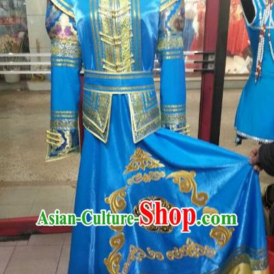 Chinese Traditional Mongolian Costume China Mongol Nationality Folk Dance Blue Mongolian Robe for Women