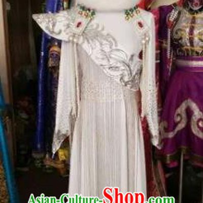 Chinese Traditional Mongolian Bride Costume China Mongol Nationality Folk Dance White Dress for Women