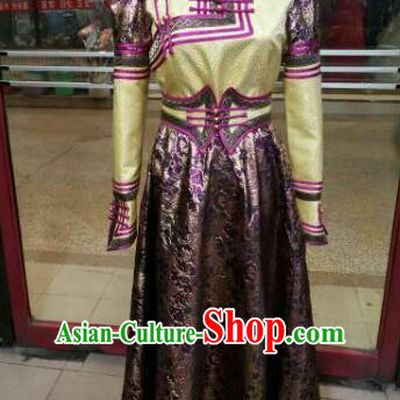 Chinese Traditional Mongolian Bride Costume China Mongol Nationality Folk Dance Brown Dress for Women