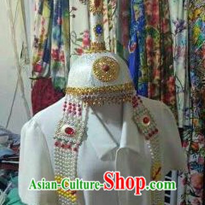 Chinese Traditional Mongolian Wedding White Hats Mongol Nationality Folk Dance Headwear for Women