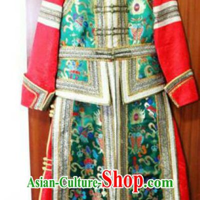 Chinese Traditional Mongolian Costume China Mongol Nationality Green Vest and Dress for Women