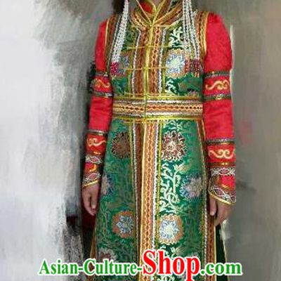 Chinese Traditional Mongolian Costume China Mongol Nationality Green Dress for Women