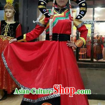 Chinese Traditional Mongolian Folk Dance Clothing China Mongol Nationality Costume and Hat for Women