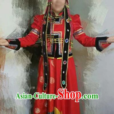 Chinese Traditional Mongolian Folk Dance Clothing China Mongol Nationality Wedding Costume and Hat for Women