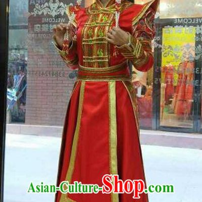 Chinese Traditional Mongolian Folk Dance Clothing China Mongol Nationality Wedding Red Dress for Women