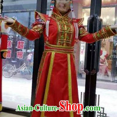 Chinese Traditional Mongolian Folk Dance Clothing China Mongol Nationality Bride Wedding Red Dress for Women