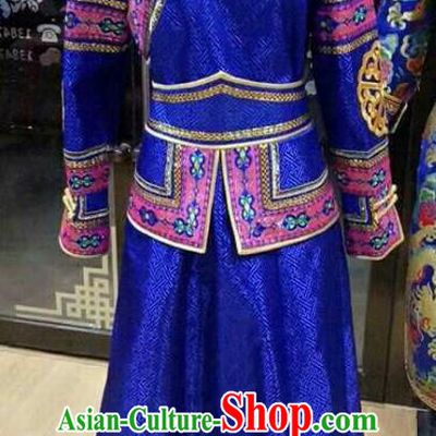 Chinese Traditional Mongolian Folk Dance Clothing China Mongol Nationality Bride Blue Dress for Women