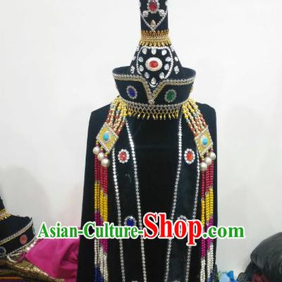 Chinese Traditional Mongolian Princess Black Hats Mongol Nationality Hair Accessories Folk Dance Headwear for Women