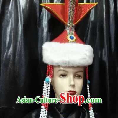Chinese Traditional Mongolian Folk Dance Red Hats China Mongol Nationality Bride Wedding Headwear for Women
