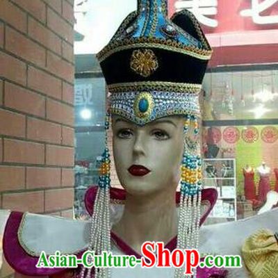 Chinese Traditional Mongolian Queen Blue Hats Mongol Nationality Hair Accessories Folk Dance Headwear for Women