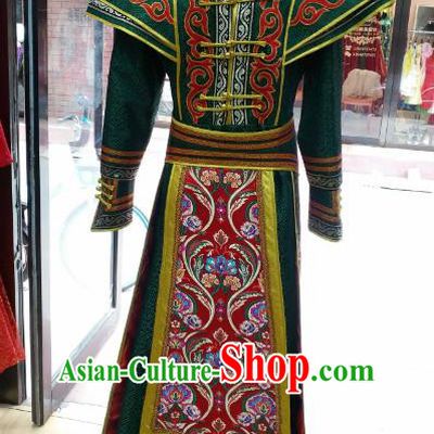 Chinese Traditional Mongolian Green Dress China Mongol Nationality Folk Dance Costume for Women